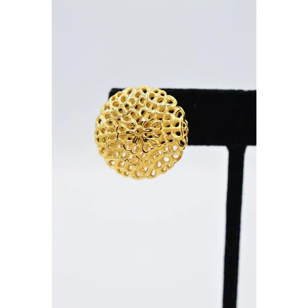 Vintage Stud Earrings Metallic Gold Round Puffy Filigree Chunky NOS 1980s 9L